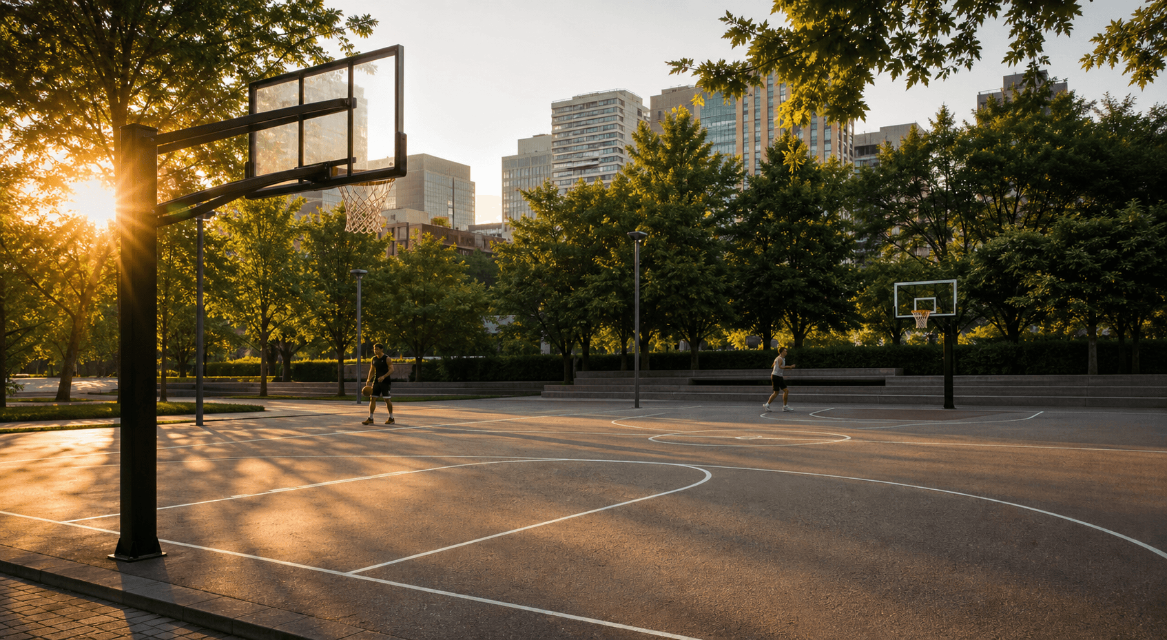 Jugadores calentando en una cancha de baloncesto exterior bajo la luz cálida de la tarde