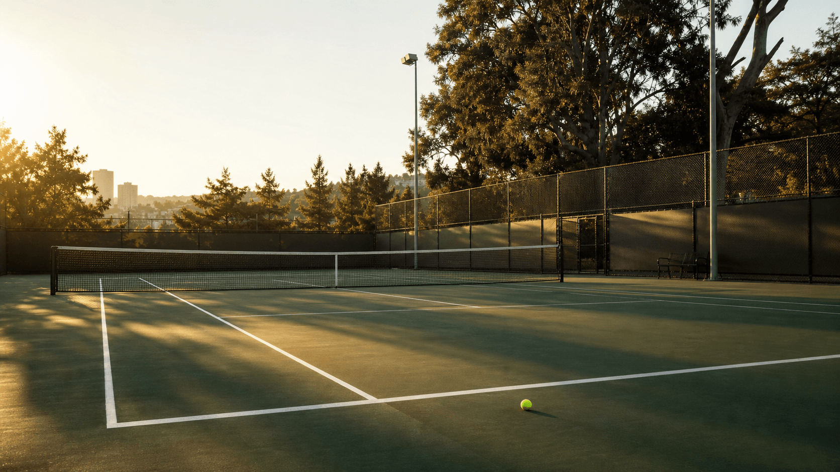 Una cancha de tenis verde rodeada de árboles bajo la luz cálida de la mañana